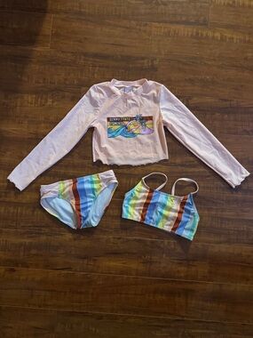 Cat & Jack Pink Long-Sleeve Rash Guard with Rainbow Stripe Bikini Set